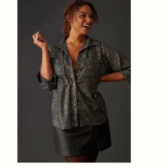 NWT Anthropologie Sequin Buttondown Long Sleeve Shirt in Slate size M - Picture 4 of 17